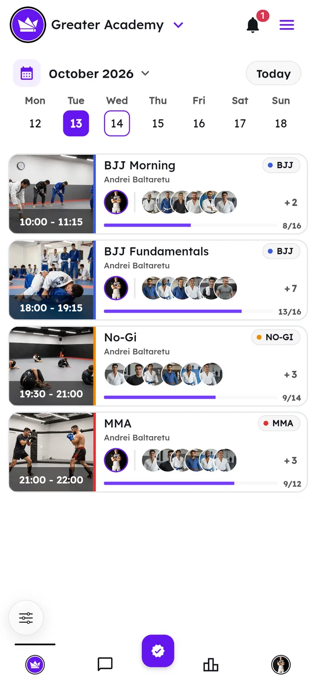 App main screen: the October week with the day’s classes (BJJ, No-Gi and MMA) and their booked spots