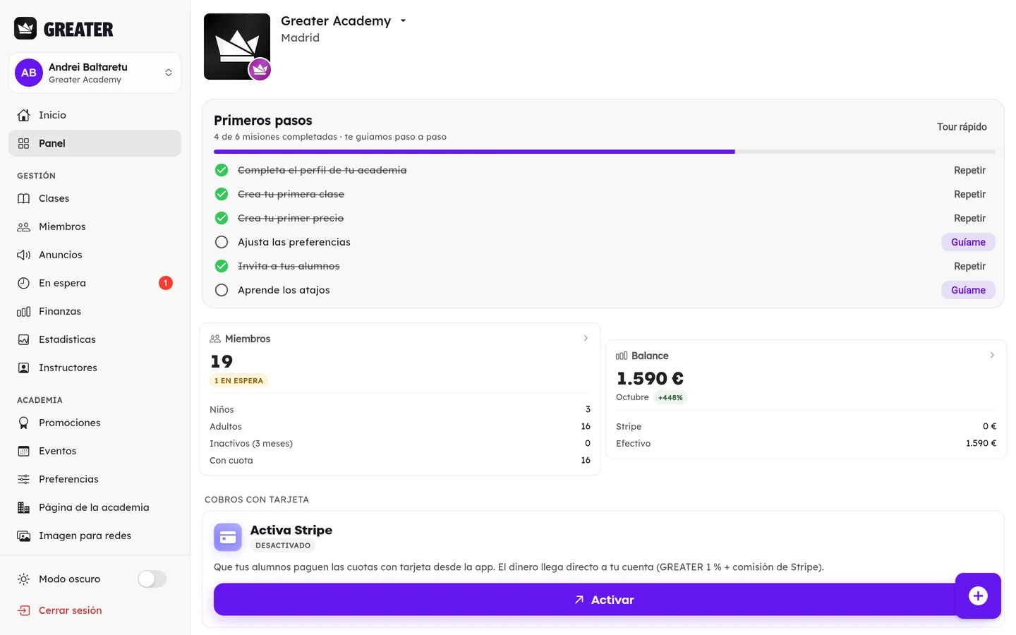Panel de GREATER en el ordenador: primeros pasos, miembros y balance del mes de una academia de prueba.